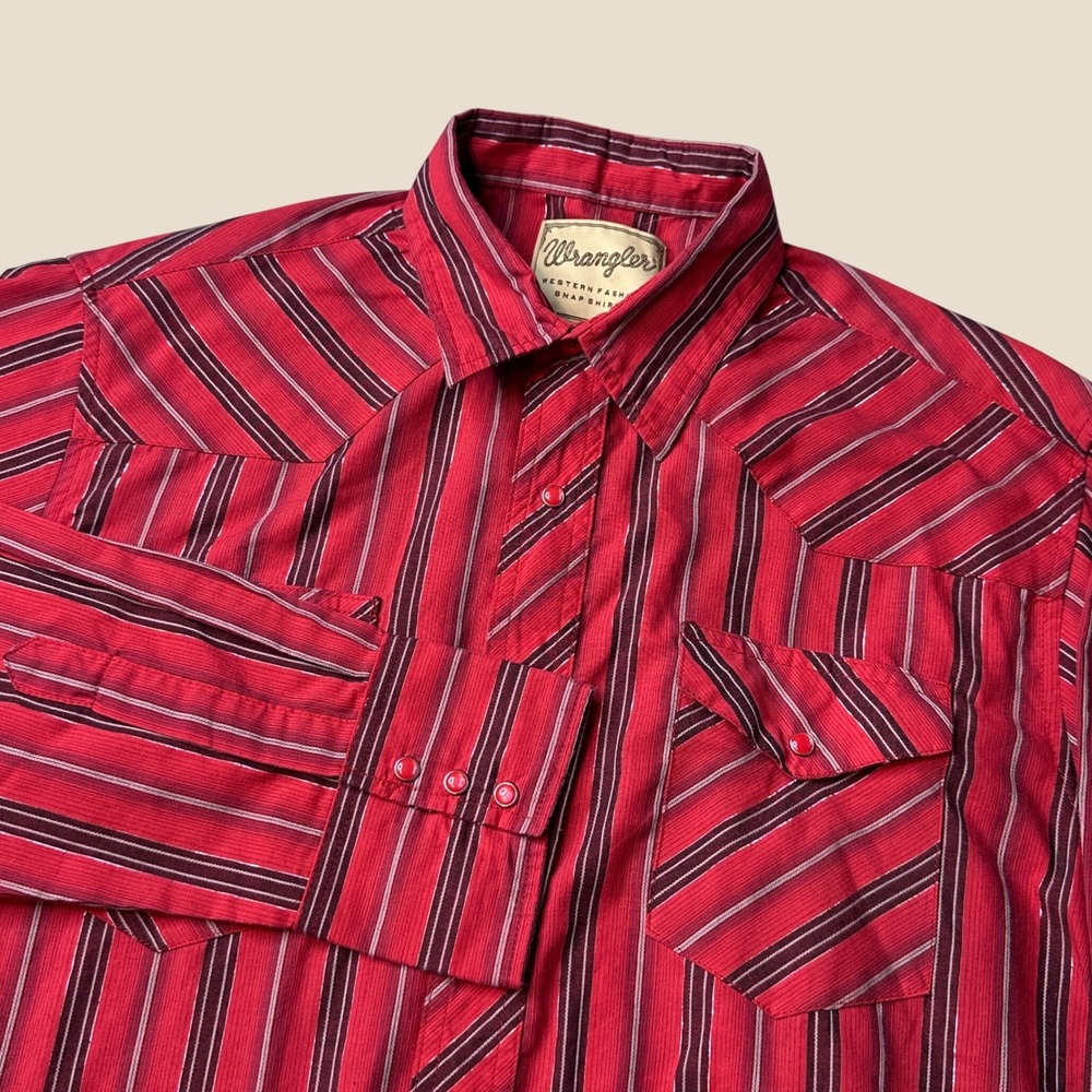Wrangler Shirt Mens Large WM039RD Red Striped Metallic Pearl Snap Western Cowboy